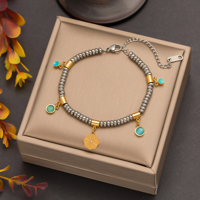 Retro Flower Titanium Steel Beaded Plating Inlay Turquoise Bracelets Necklace