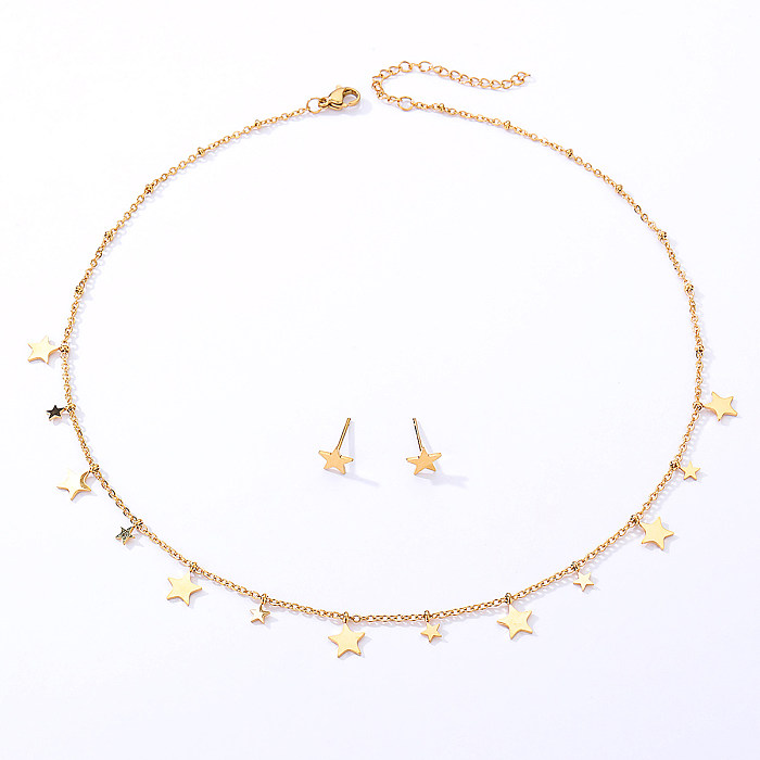 Fashion Pentagram Stainless Steel Gold Plated Earrings Necklace 1 Set
