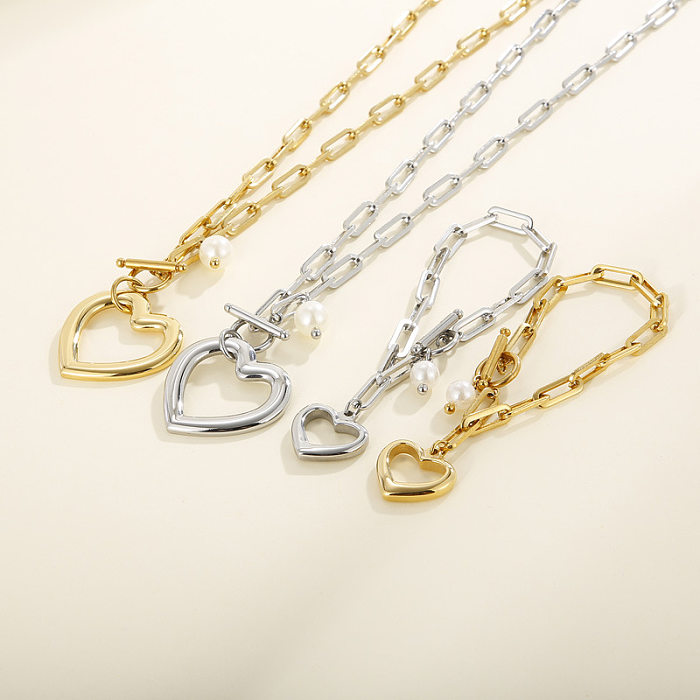 Simple Stainless Steel Thick Chain Heart-shaped Bracelet Necklace Set Square Chain OT Buckle Jewelry