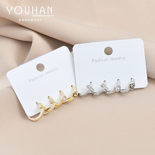 2 Pairs Fashion Cross Smiley Face Copper Inlaid Zircon Earrings