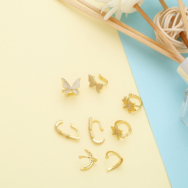 1 paire de clips d'oreille plaqués or 18 carats, hexagramme brillant, lune, papillon, incrustation de cuivre et de Zircon