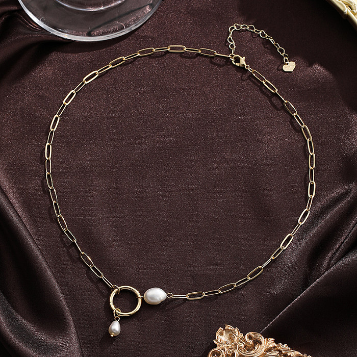 Halskette mit Anhänger im Barock-Stil, Schleife, Knoten, Kupferbeschichtung, Intarsien, Süßwasserperle, 18 Karat vergoldet, versilbert