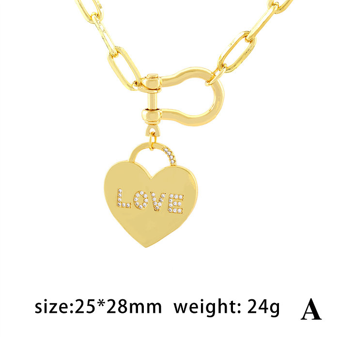IG Style Letter Heart Shape Copper Plating Inlay Zircon 18K Gold Plated Pendant Necklace