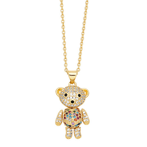 Cute Lady Little Bear Copper 18K Gold Plated Zircon Pendant Necklace In Bulk