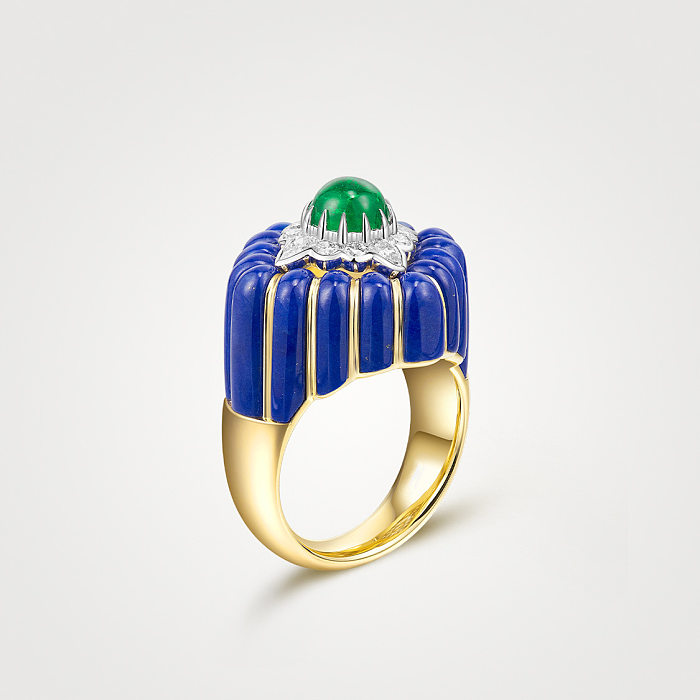 Offener Ring mit geometrischer Krone im Retro-Stil, Kupfereinlage und künstlichen Edelsteinen