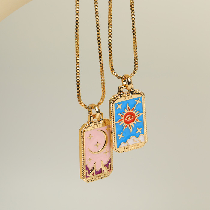 Retro Tarot Colorful Oil Dripping Necklace Square Gold-Plated Copper Necklace Wholesale