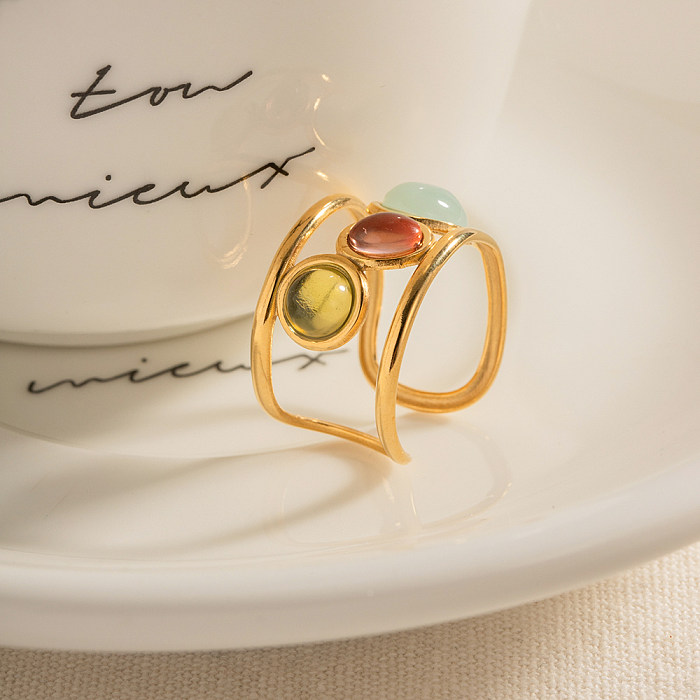 Offener Ring im IG-Stil, Retro-Stil, bunt, Edelstahl-Beschichtung, Glaseinlage, 18 Karat vergoldet