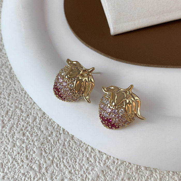 1 Pair Simple Style Strawberry Inlay Copper Zircon Ear Studs