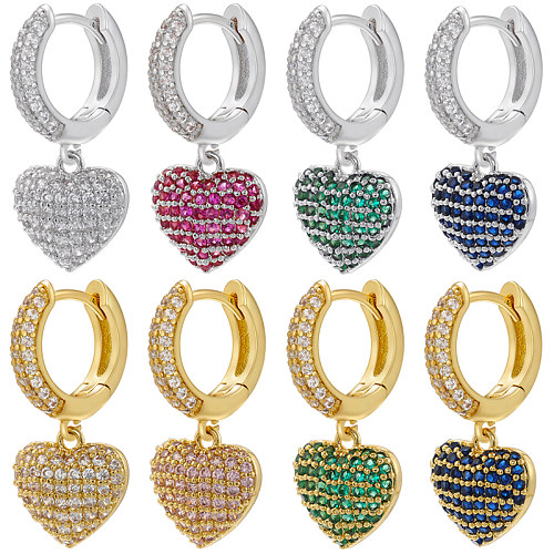 1 paire de boucles d'oreilles élégantes et luxueuses en forme de cœur, incrustation de cuivre et de Zircon plaqué or 18 carats