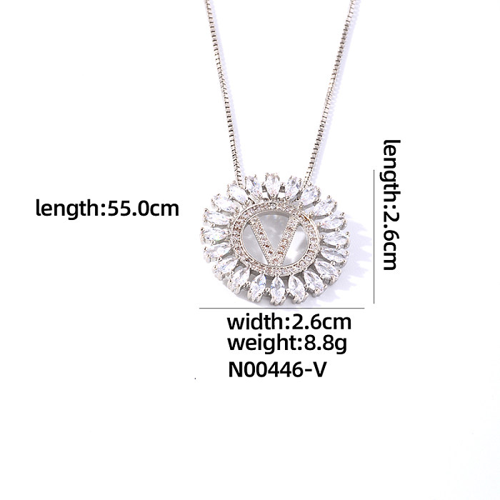 Casual Simple Style Shiny Round Letter Copper Plating Inlay Zircon White Gold Plated Pendant Necklace