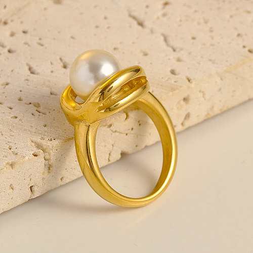 Anéis banhados a ouro com pérolas artificiais, estilo simples e irregular, embutimento de aço inoxidável