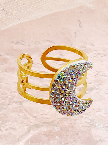Elegante estilo simples lua strass banhado a ouro de aço inoxidável anel aberto a granel