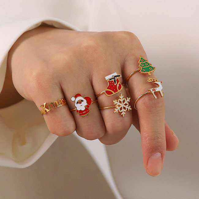 Fashion Christmas Tree Santa Claus Stainless Steel Enamel Open Ring 1 Piece