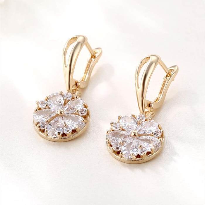 1 Pair Basic Classic Style Flower Snowflake Inlay Copper Zircon Drop Earrings