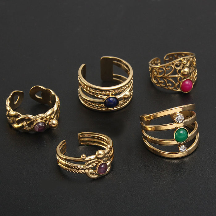 Barock-Stil, einfarbig, Edelstahl-Beschichtung, Intarsien, Naturstein, vergoldete offene Ringe