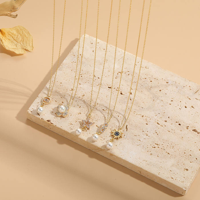 Elegant Classic Style Pentagram Devil'S Eye Infinity Copper 14K Gold Plated Pearl Zircon Pendant Necklace In Bulk