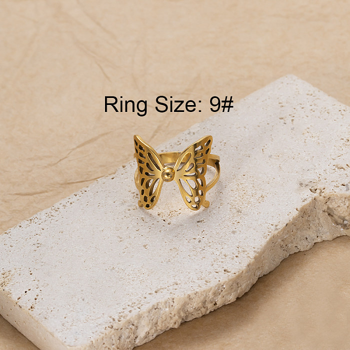 IG Style Love Butterfly Edelstahl-Beschichtung, ausgehöhlte Strasssteine, Zirkon, 18 Karat vergoldete Ringe