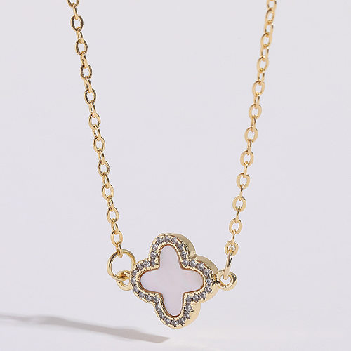 Elegant Four Leaf Clover Copper Gold Plated Shell Zircon Pendant Necklace