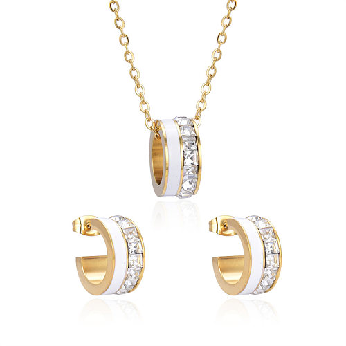 Elegant C Shape Titanium Steel Inlay Shell Zircon Earrings Necklace