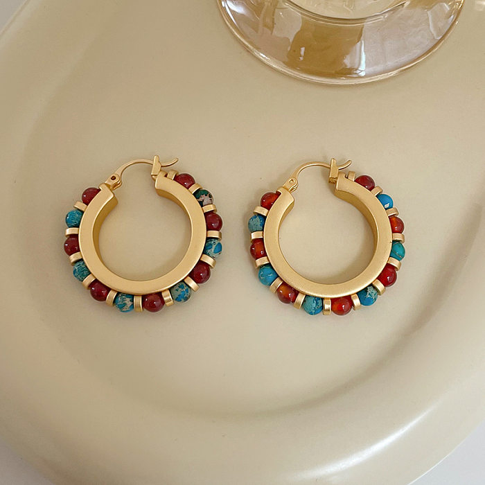 1 Pair Retro Round Handmade Natural Stone Shell Copper Earrings