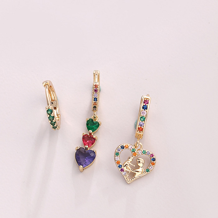 Conjunto de 3 peças estilo coreano formato de coração incrustado brincos de cobre com zircônia
