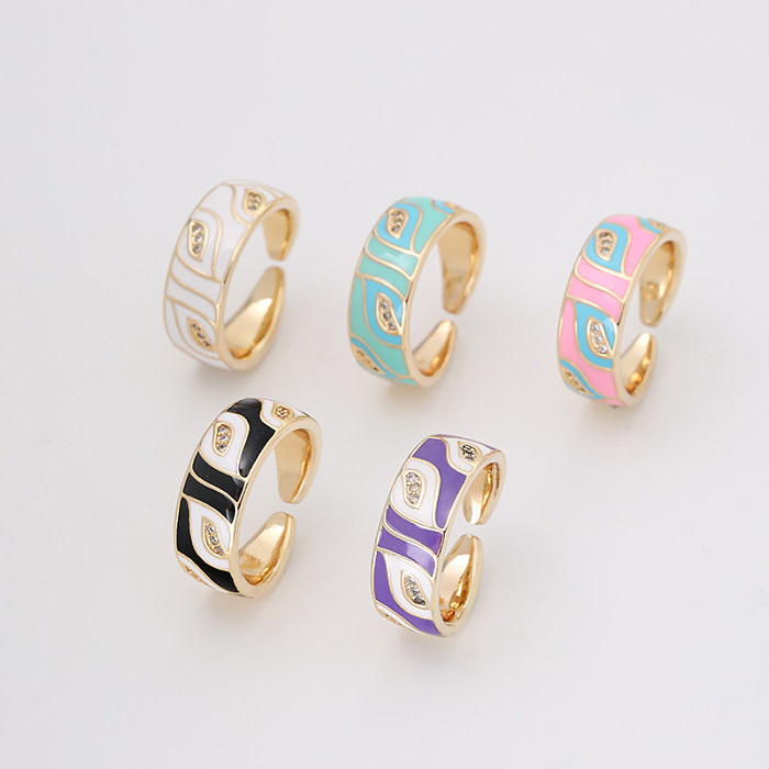 Casual Leaves Brass Plating Inlay Zircon 14K Gold Plated Open Rings