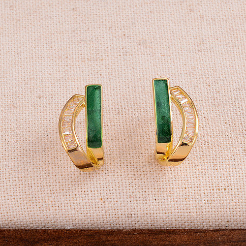 1 Pair Simple Style Semicircle Enamel Plating Inlay Copper Zircon 14K Gold Plated Ear Studs
