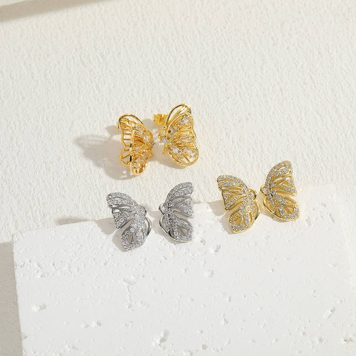 1 Pair Elegant Luxurious Classic Style Butterfly Copper Plating Inlay Zircon 14K Gold Plated Ear Studs