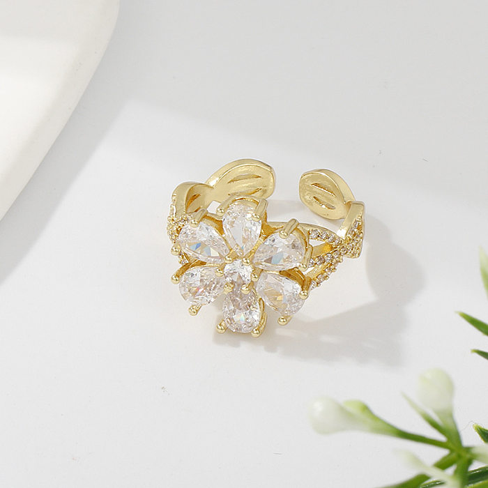Basic Flower Copper Plating Inlay Zircon 14K Gold Plated Open Rings