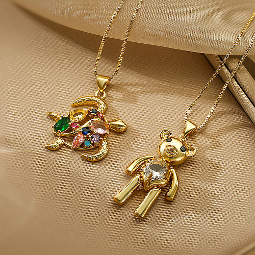 Schlichter Stil Pendel-Halskette mit Schildkröten-Bär-Kupferbeschichtung, Inlay aus Zirkon, 18 Karat vergoldet, Anhänger-Halskette