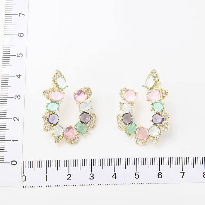 1 Pair Sweet U Shape Oval Inlay Copper Zircon Earrings