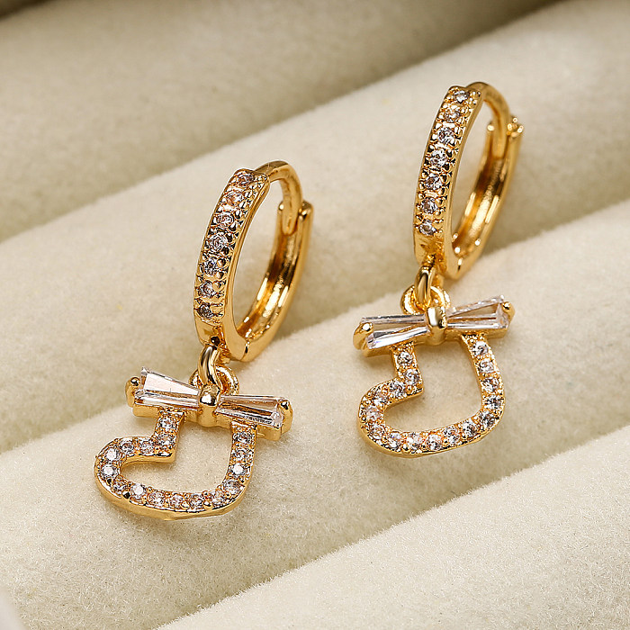 1 Pair Sweet Simple Style Heart Shape Bow Knot Plating Inlay Copper Zircon 18K Gold Plated Drop Earrings