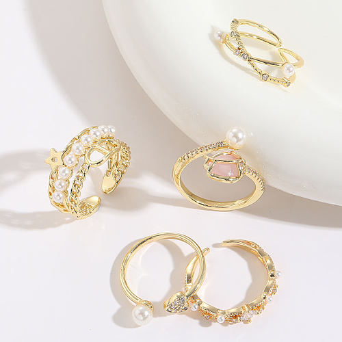 1 Piece Fashion Star Heart Shape Copper Inlay Artificial Pearls Zircon Open Ring