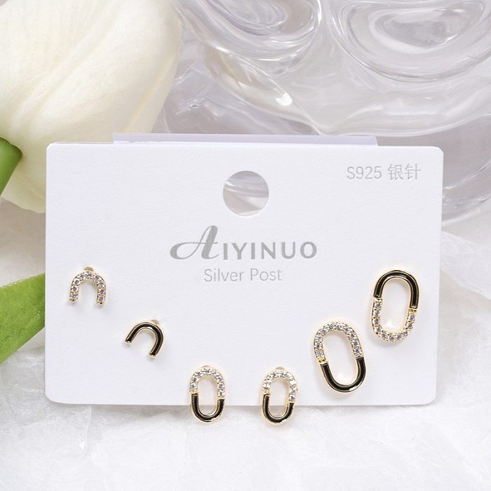 Fashion Flower Copper Inlay Artificial Gemstones Ear Studs 3 Pairs