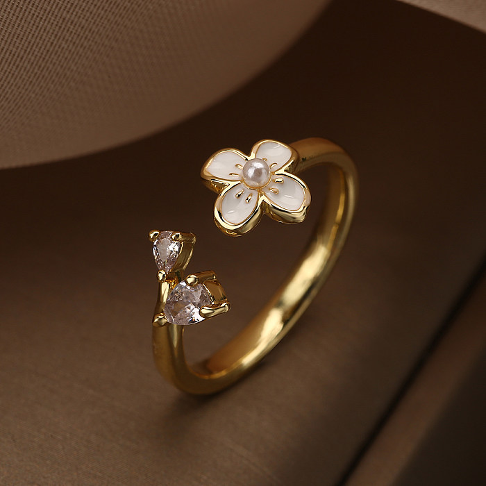 Simple Style Flower Copper Plating Inlay Zircon 18K Gold Plated Open Rings