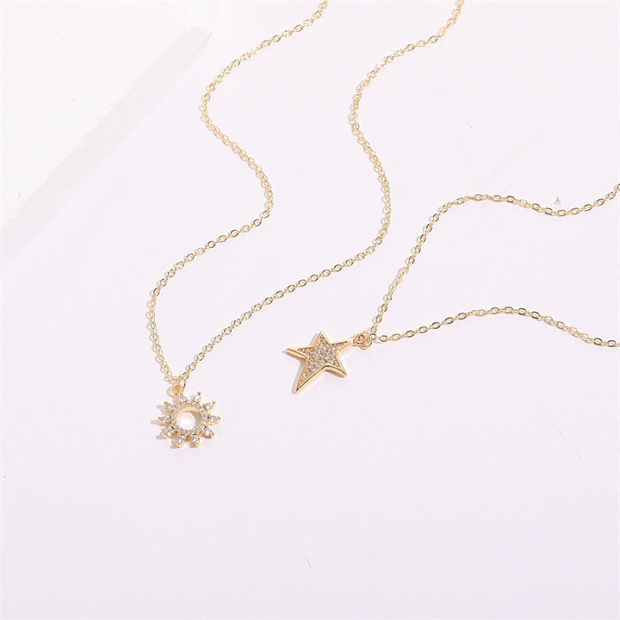 Simple Style Sun Star Copper Gold Plated Zircon Pendant Necklace 1 Piece