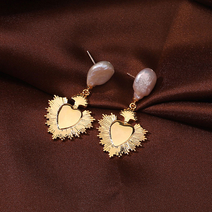 1 paire de base plage Style romain forme de coeur vernis au four placage cuivre plaqué or 18K boucles d'oreilles pendantes