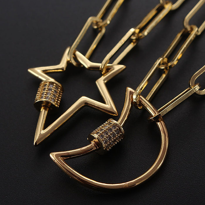 Hip-Hop Simple Style Star Moon Copper Gold Plated Zircon Pendant Necklace In Bulk