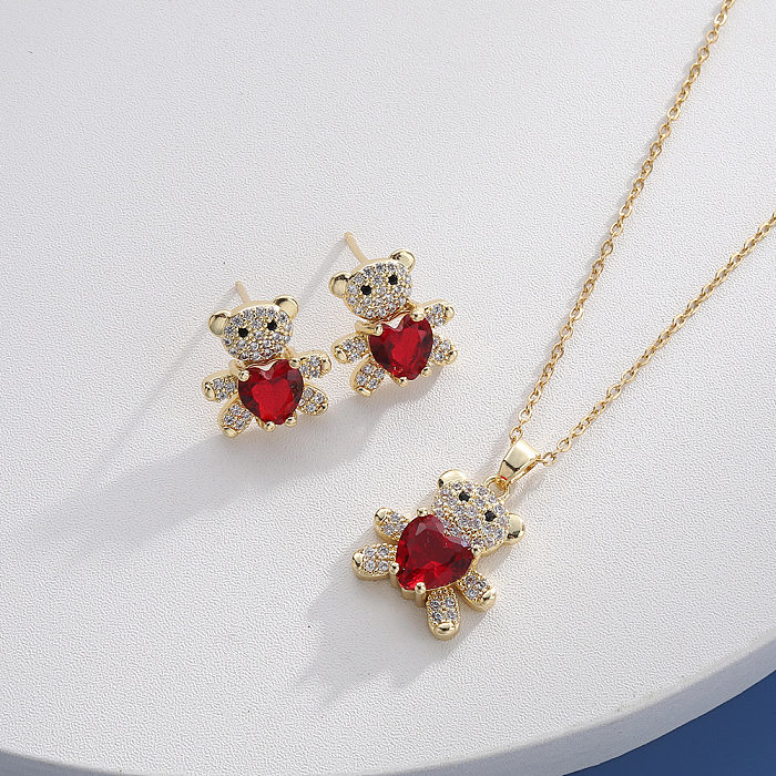 Cute Bear Copper Plating Inlay Zircon Earrings Necklace