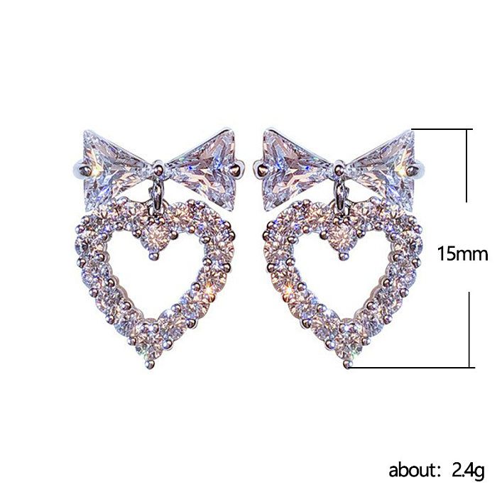 Fashion Heart Shape Bow Knot Copper Hollow Out Inlay Zircon Ear Studs 1 Pair