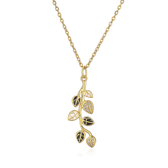 Fashion Leaf Copper Enamel Gold Plated Zircon Pendant Necklace