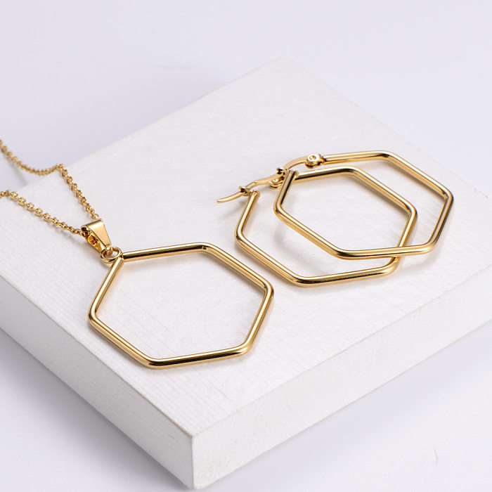 Korean Glossy Stainless Steel Hexagonal Necklace Earrings Set Wholesale