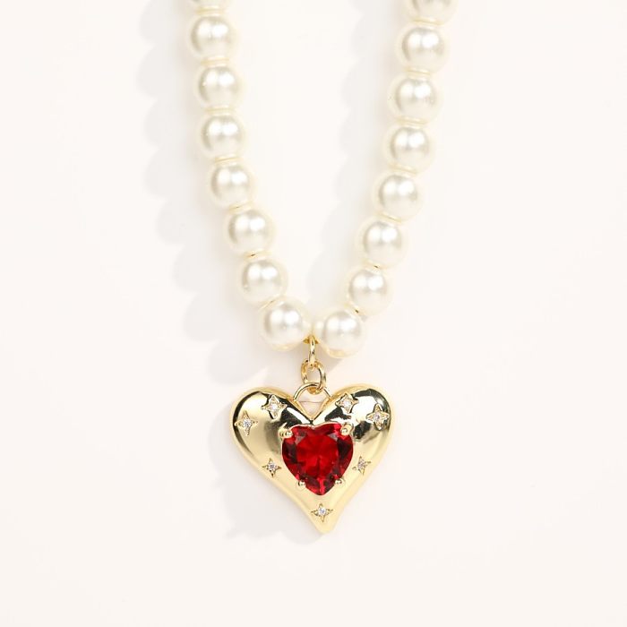 Sweet Commute Envelope Heart Shape Imitation Pearl Copper Plating Inlay Zircon 18K Gold Plated Pendant Necklace