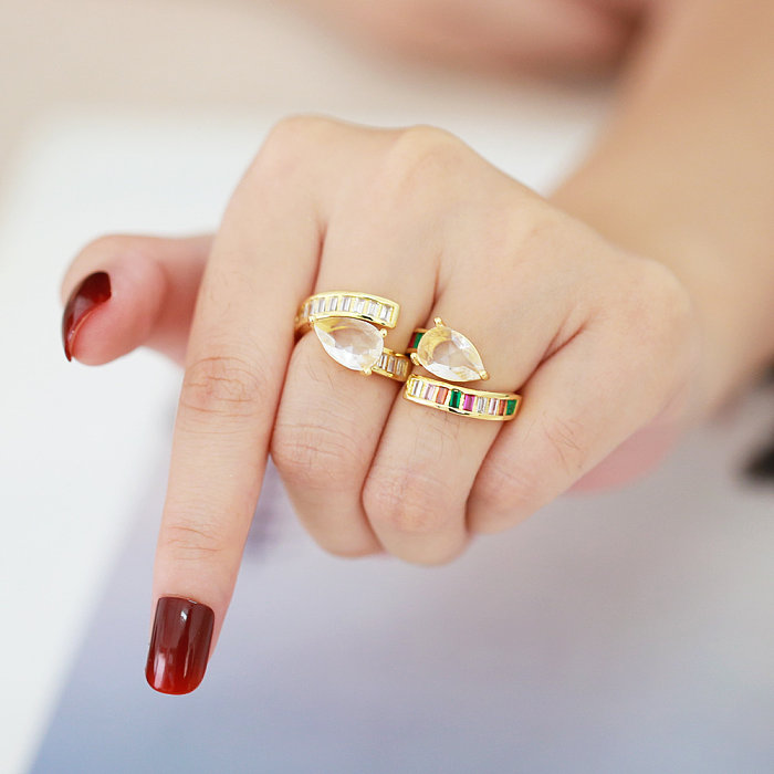 Elegant Simple Style Geometric Copper Plating Inlay Zircon 18K Gold Plated Open Rings