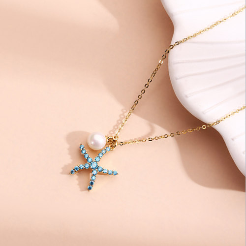 Simple Style Starfish Copper Inlay Artificial Pearls Rhinestones Pendant Necklace 1 Piece