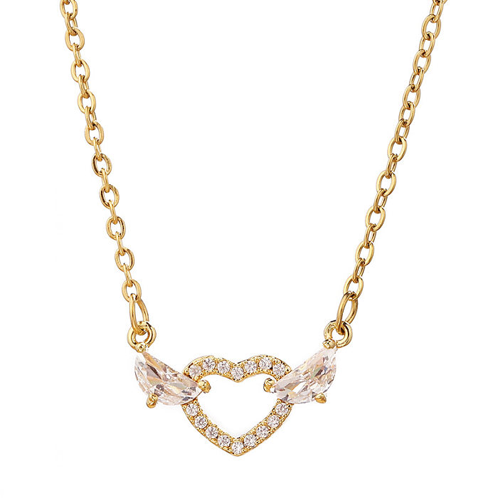 Sweet Heart Shape Titanium Steel Copper Plating Inlay Zircon 18K Gold Plated Pendant Necklace