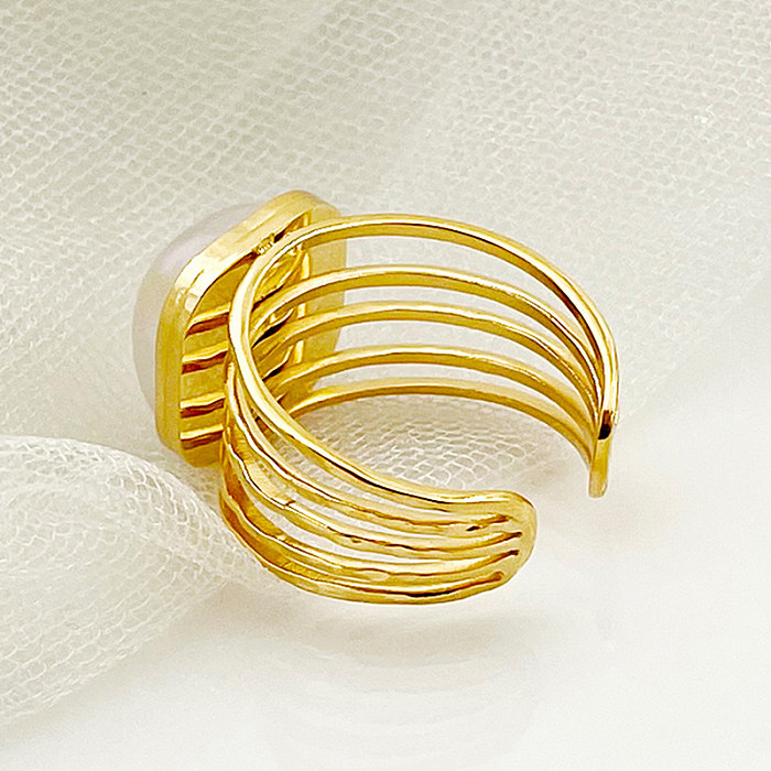 Atacado casual elegante estilo vintage quadrado chapeamento de aço inoxidável incrustado banhado a ouro anéis abertos