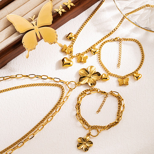 INS Style élégant forme de coeur fleur papillon en acier inoxydable plaqué or 18 carats bracelets collier