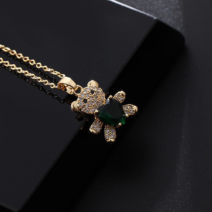 Cartoon Style Little Bear Copper Inlay Zircon Pendant Necklace