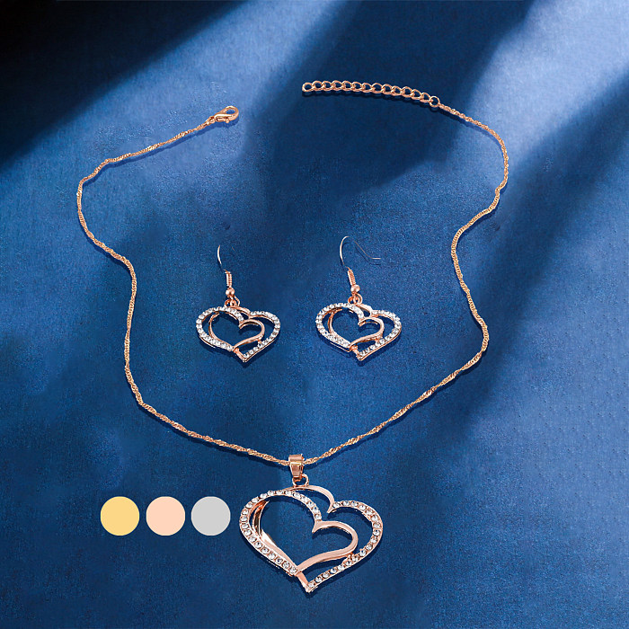 Elegant Sweet Heart Shape Copper Plating Inlay Zircon 18K Gold Plated Earrings Necklace